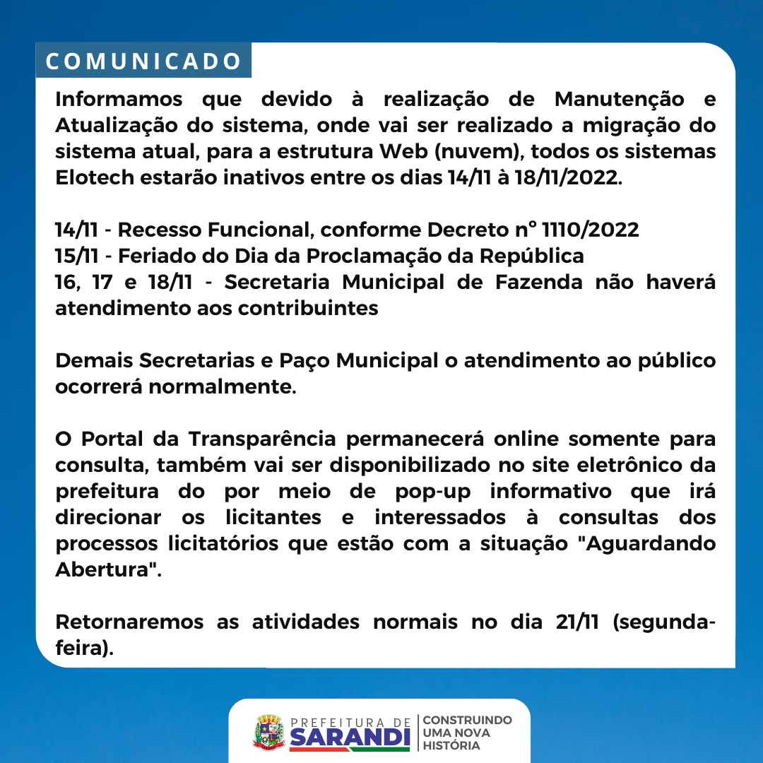 Comunicado - Manutenção e Atualização de Sistema